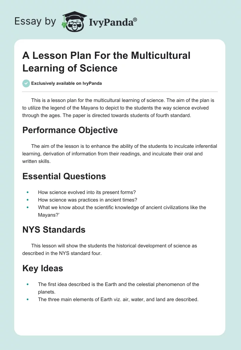 A Lesson Plan For the Multicultural Learning of Science. Page 1