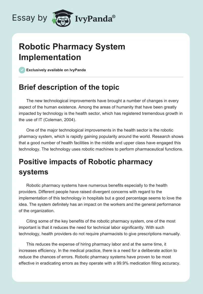 Robotic Pharmacy System Implementation. Page 1