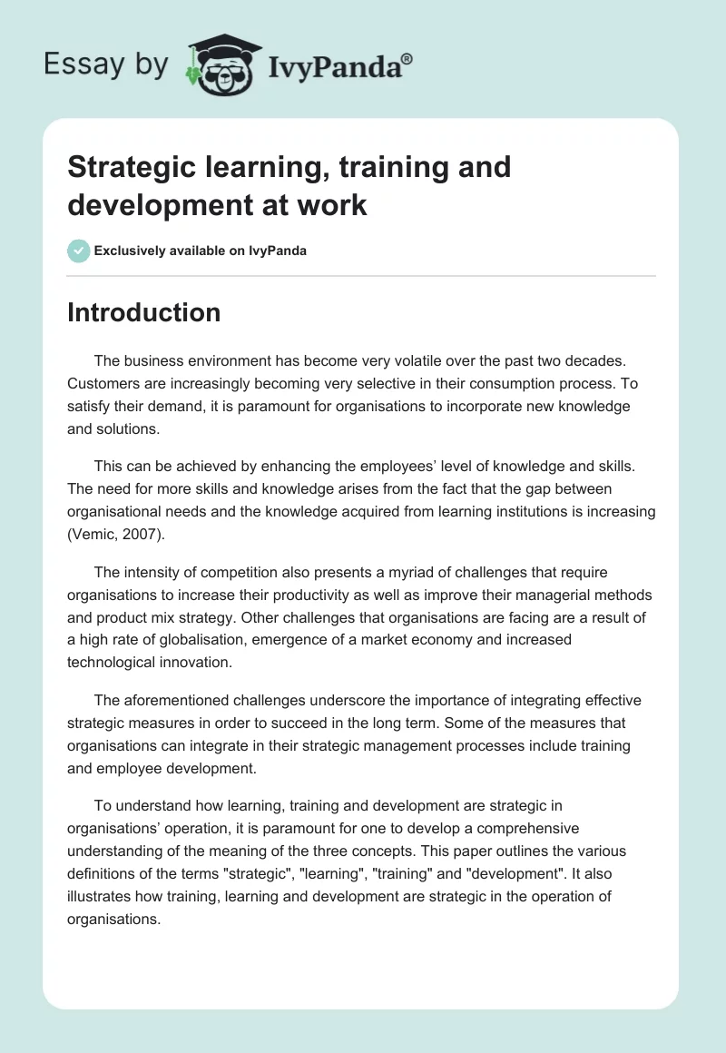 Strategic learning, training and development at work. Page 1