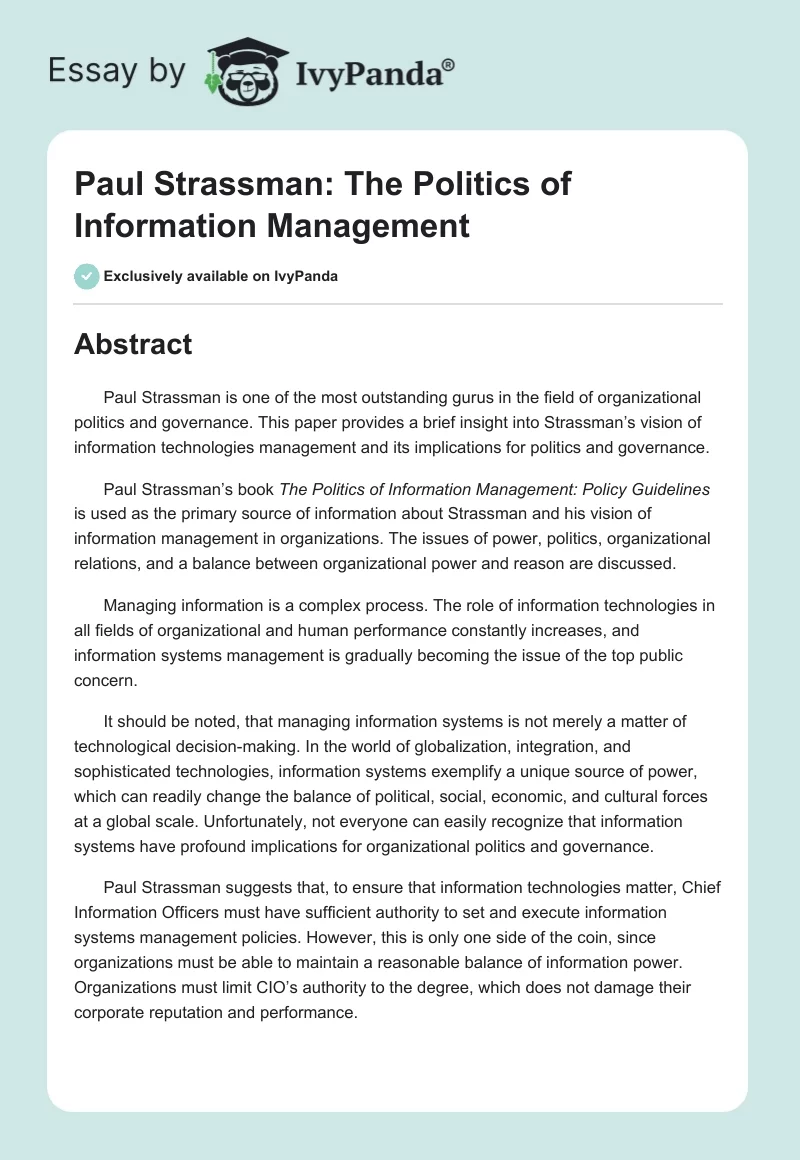 Paul Strassman: The Politics of Information Management. Page 1