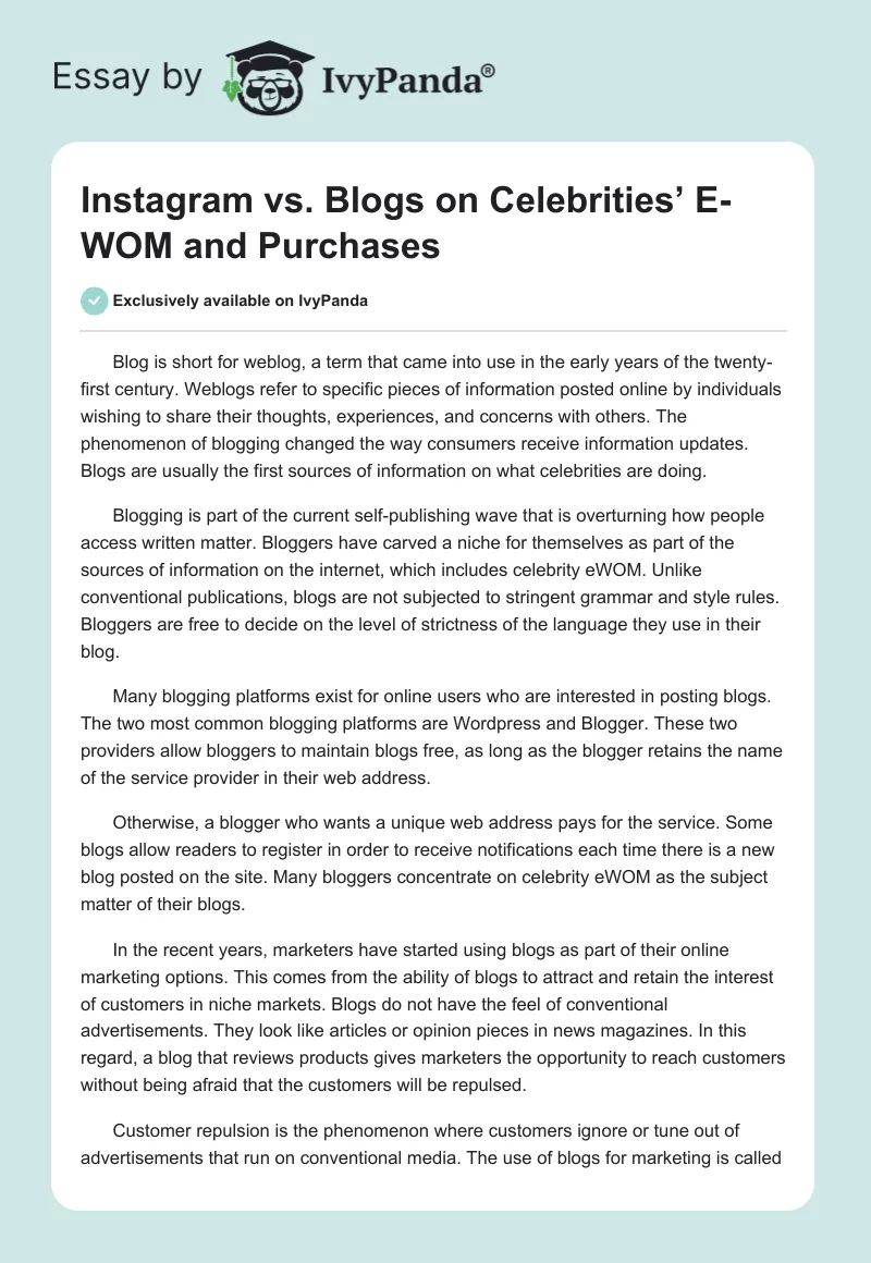 Instagram vs. Blogs on Celebrities’ E-WOM and Purchases. Page 1