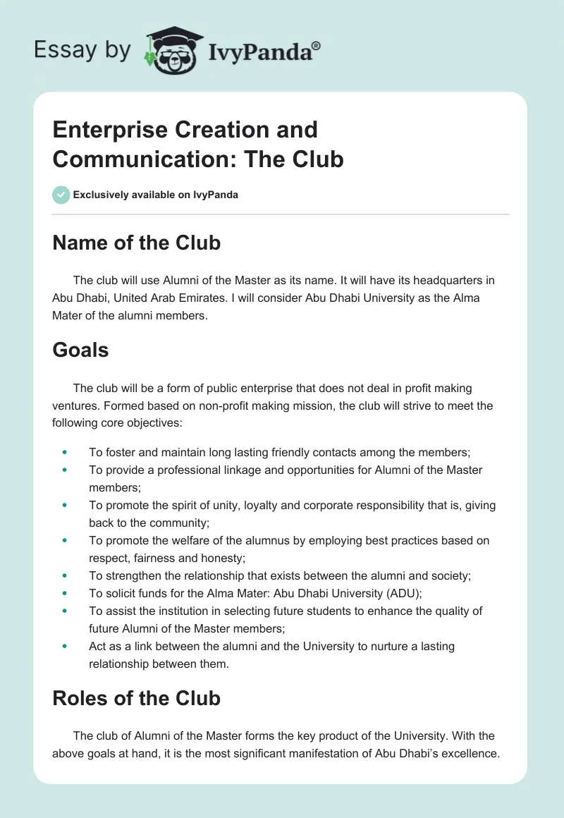 Enterprise Creation and Communication: The Club. Page 1