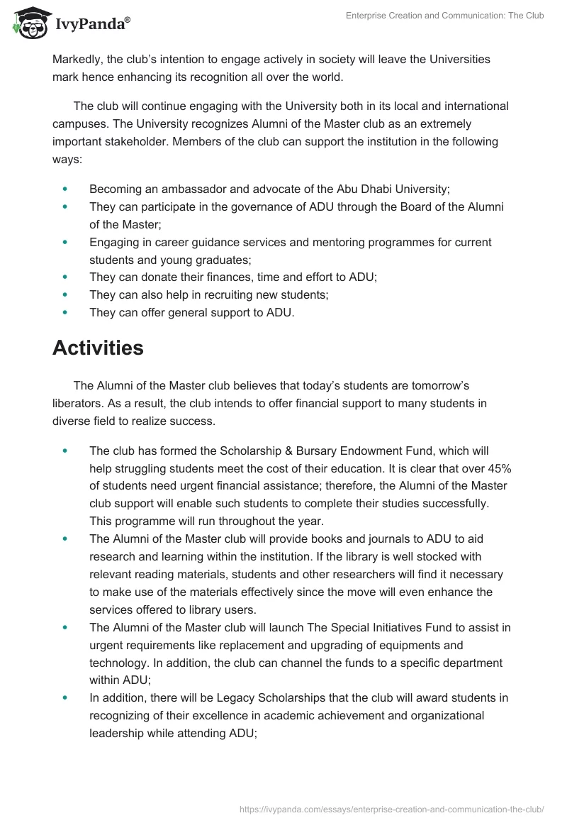 Enterprise Creation and Communication: The Club. Page 2