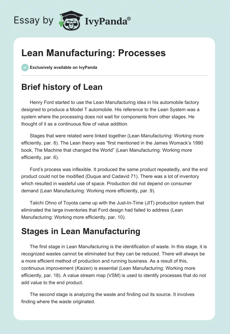 Lean Manufacturing: Processes. Page 1