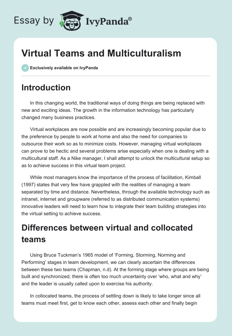 Virtual Teams and Multiculturalism. Page 1