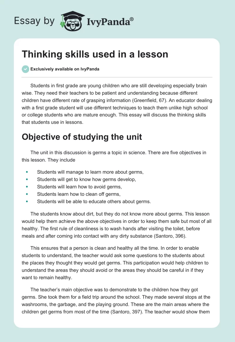 Thinking skills used in a lesson. Page 1
