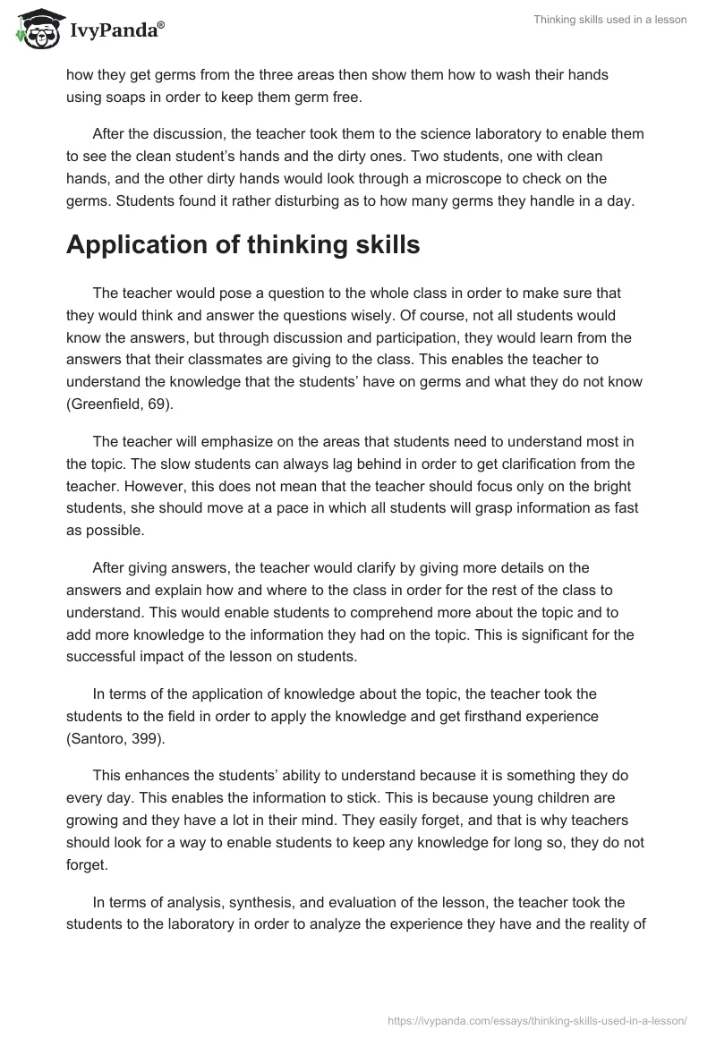 Thinking skills used in a lesson. Page 2