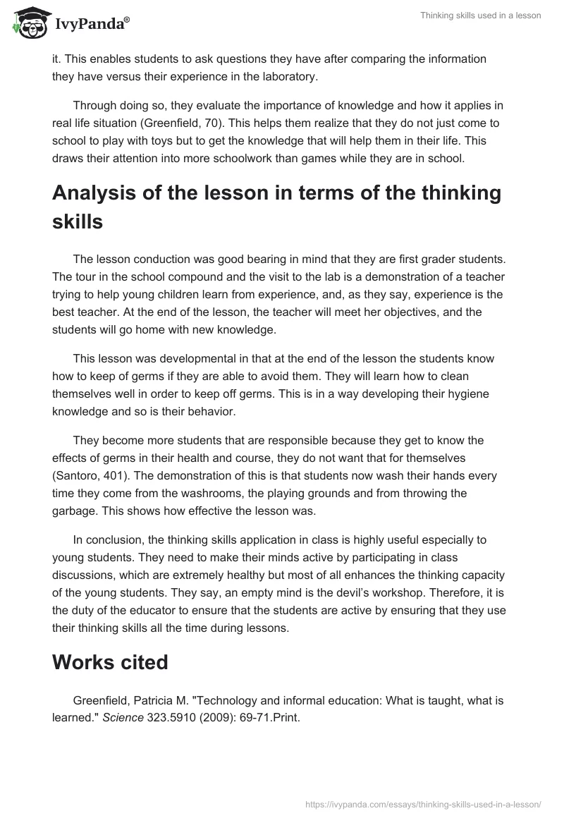 Thinking skills used in a lesson. Page 3