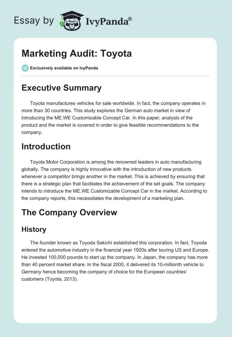 Marketing Audit: Toyota. Page 1