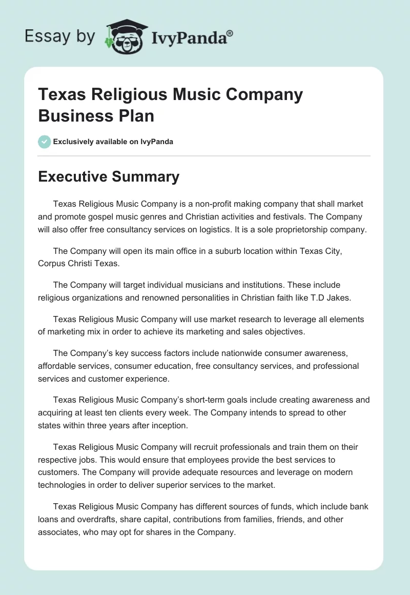 Texas Religious Music Company Business Plan. Page 1