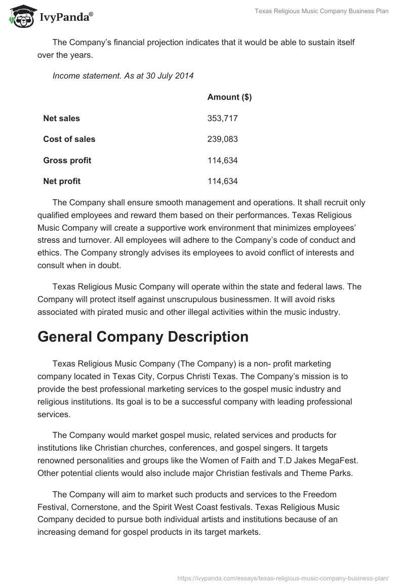Texas Religious Music Company Business Plan. Page 2