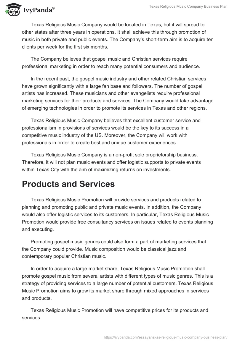Texas Religious Music Company Business Plan. Page 3