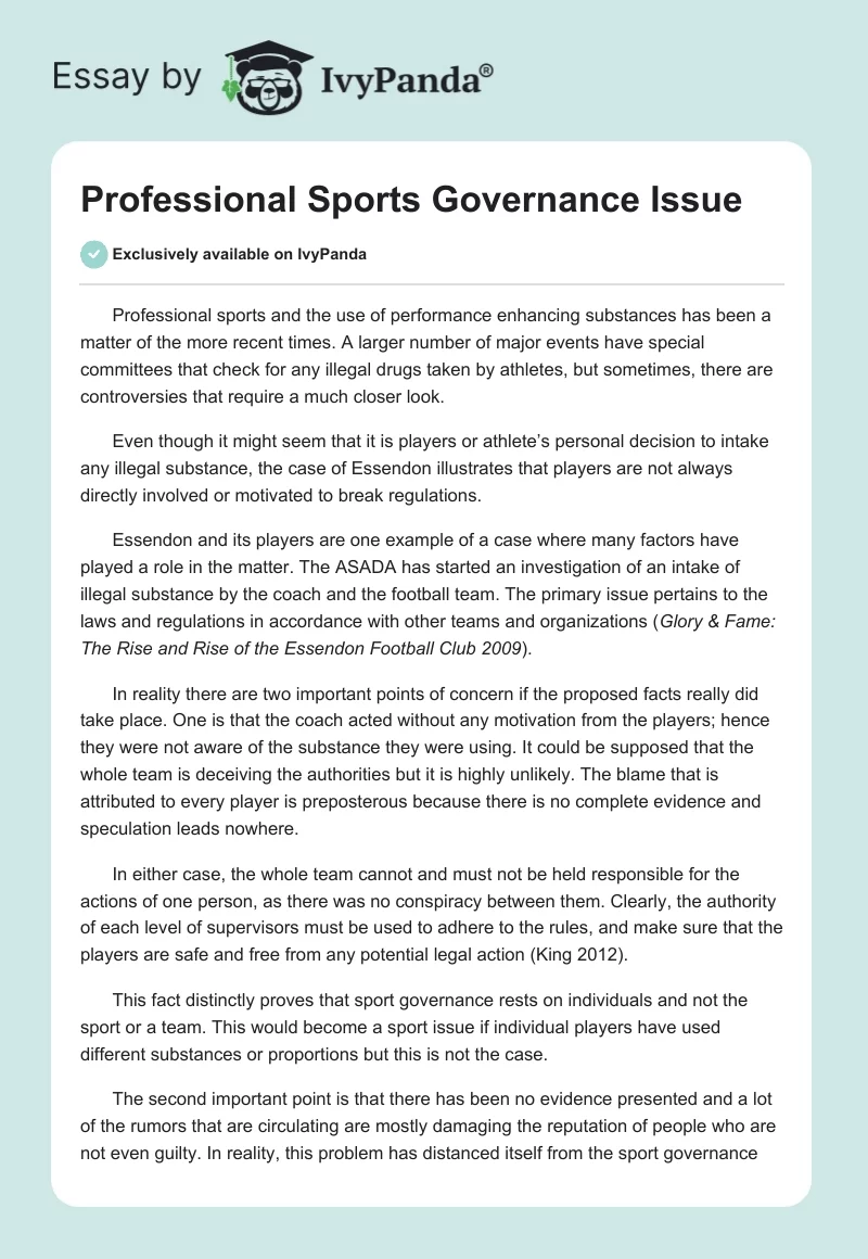 Professional Sports Governance Issue. Page 1