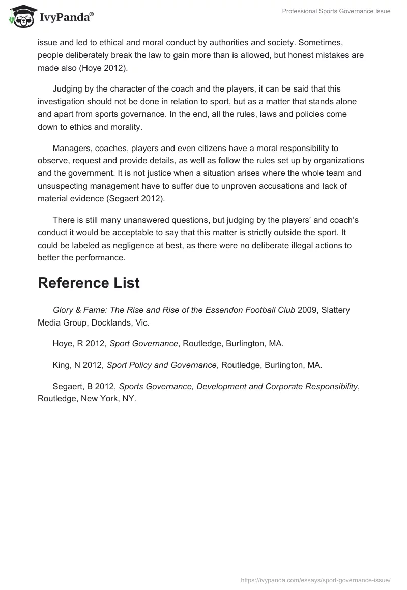 Professional Sports Governance Issue. Page 2