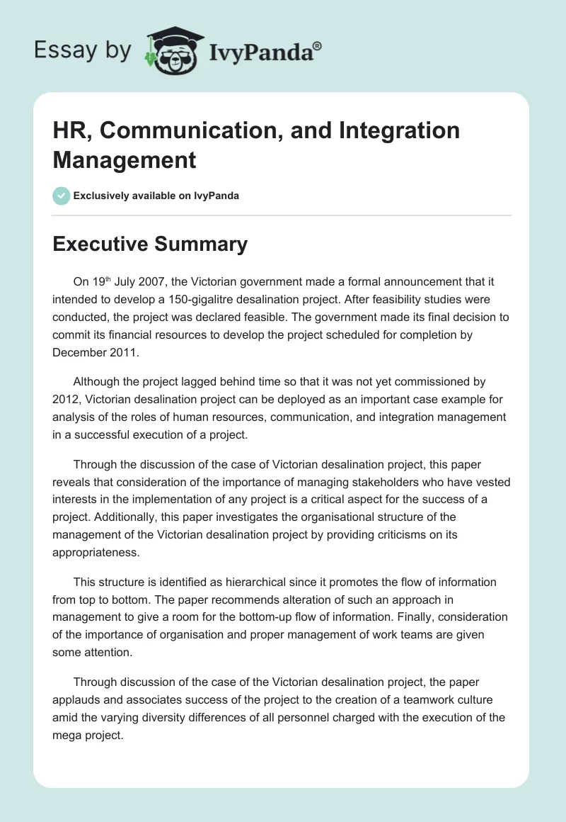 HR, Communication, and Integration Management. Page 1
