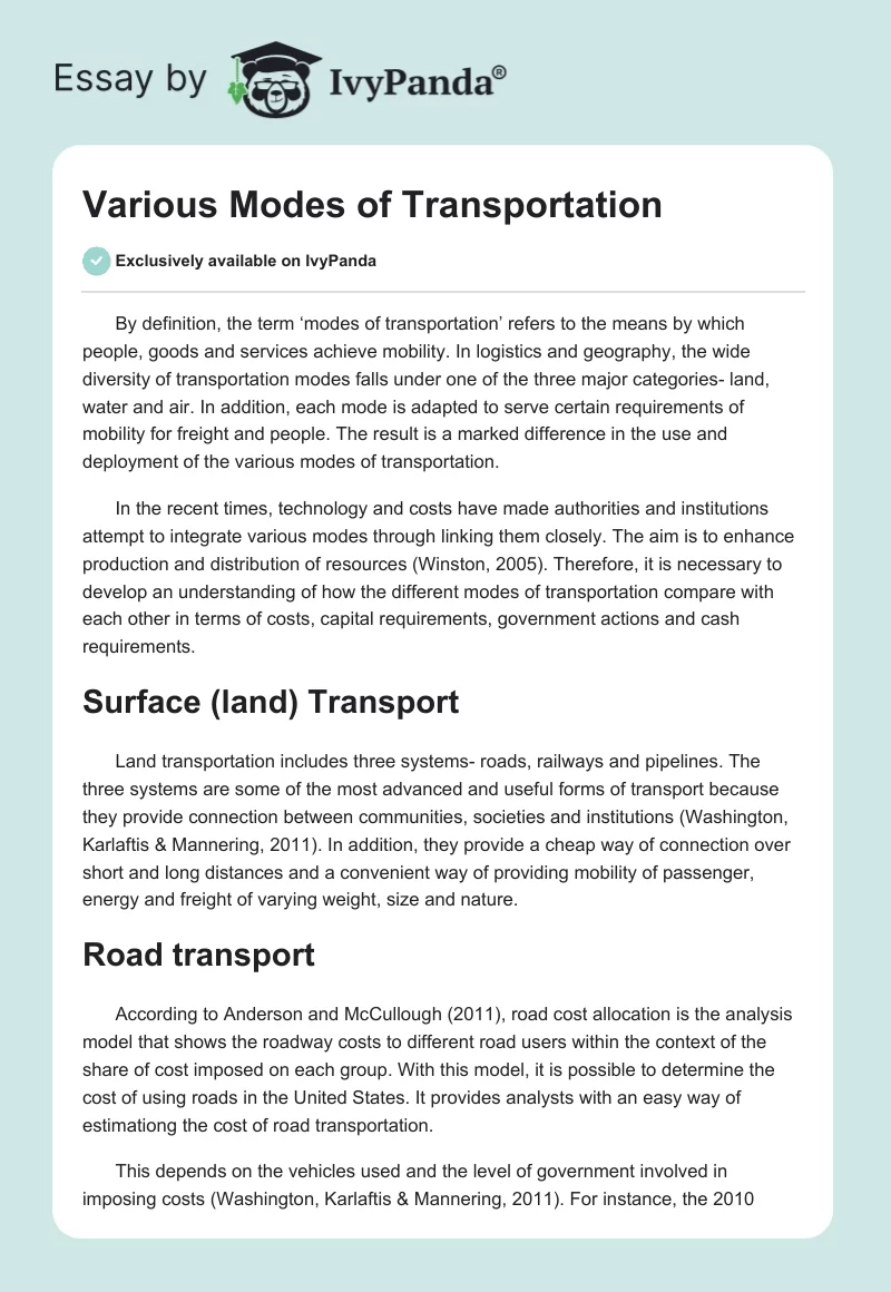 Various Modes of Transportation. Page 1