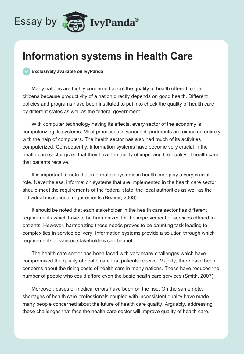 Information systems in Health Care. Page 1