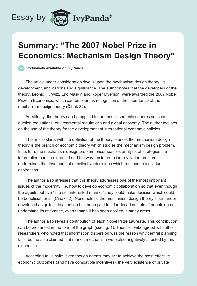 Summary: “The 2007 Nobel Prize in Economics: Mechanism Design Theory”. Page 1