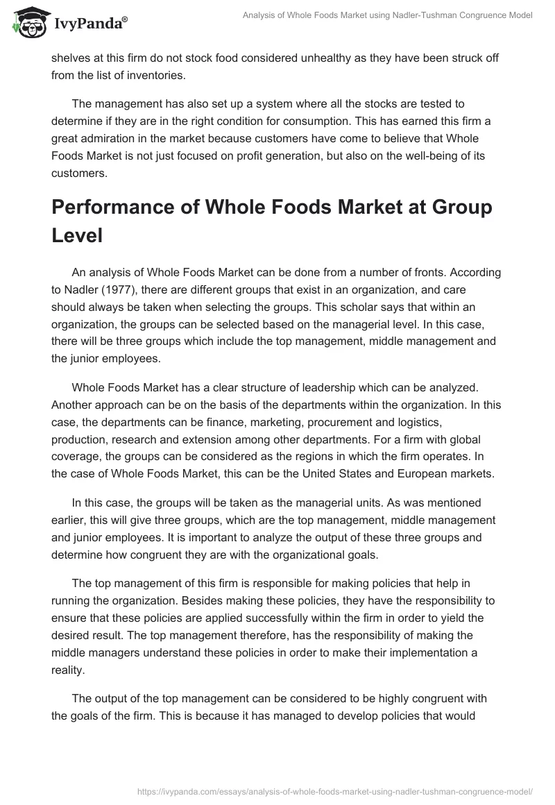 Analysis of Whole Foods Market using Nadler-Tushman Congruence Model. Page 3