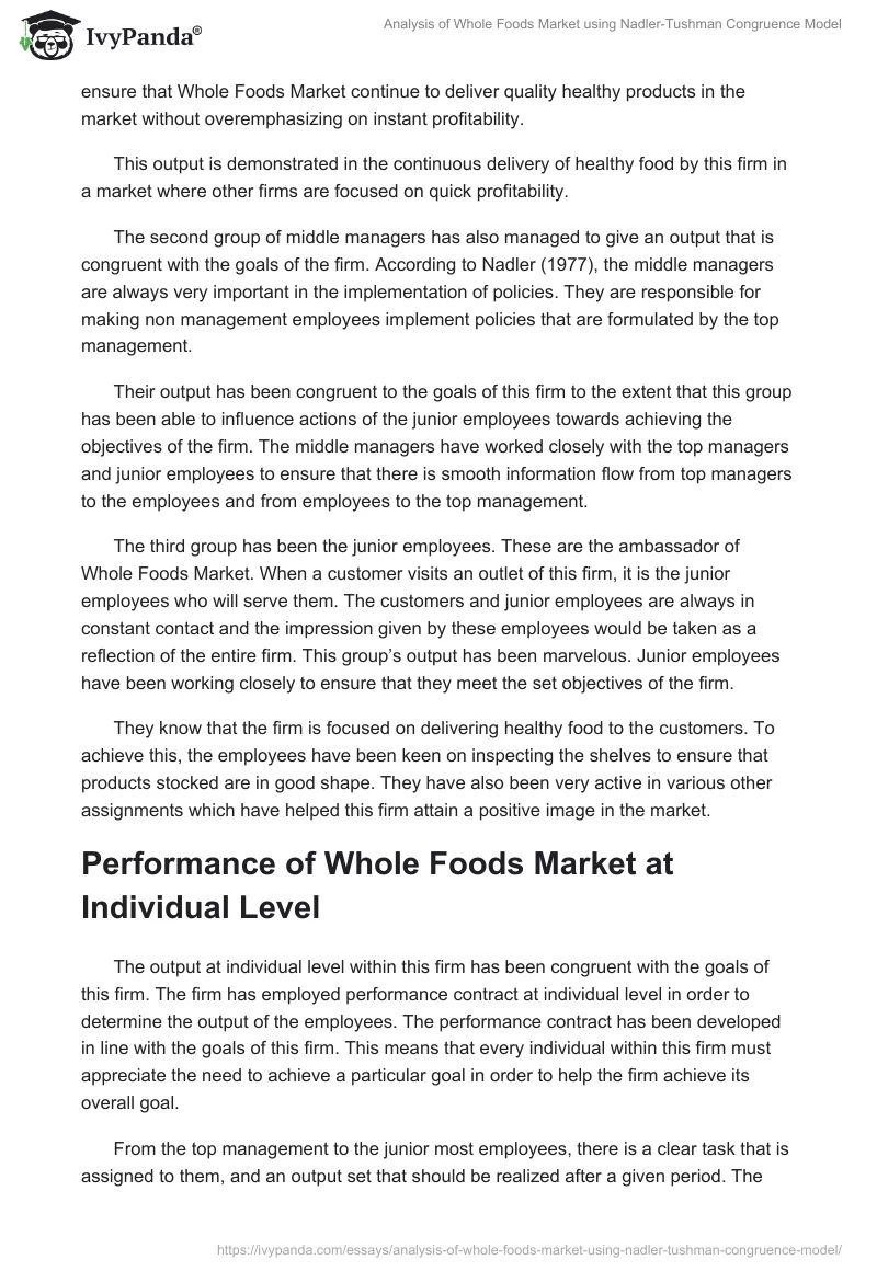 Analysis of Whole Foods Market using Nadler-Tushman Congruence Model. Page 4