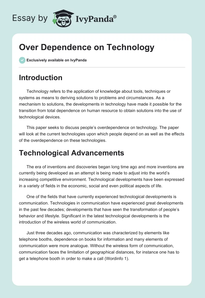 Over Dependence on Technology. Page 1