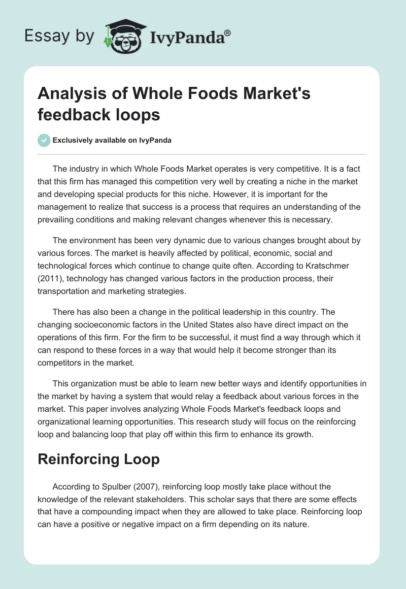Analysis of Whole Foods Market's feedback loops. Page 1