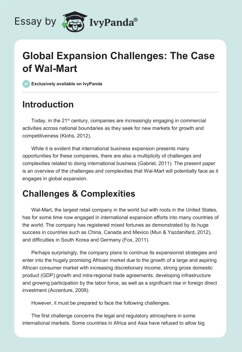 Global Expansion Challenges: The Case of Wal-Mart. Page 1