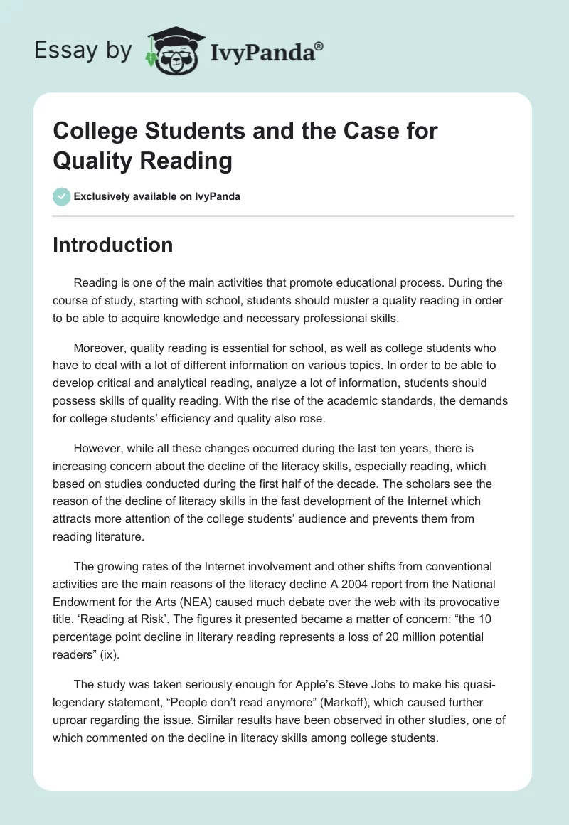 College Students and the Case for Quality Reading. Page 1