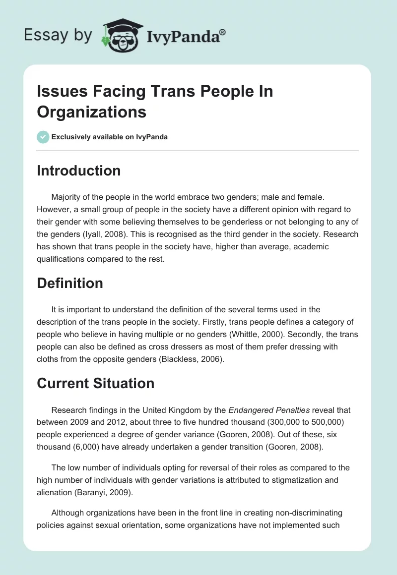 Issues Facing Trans People In Organizations. Page 1