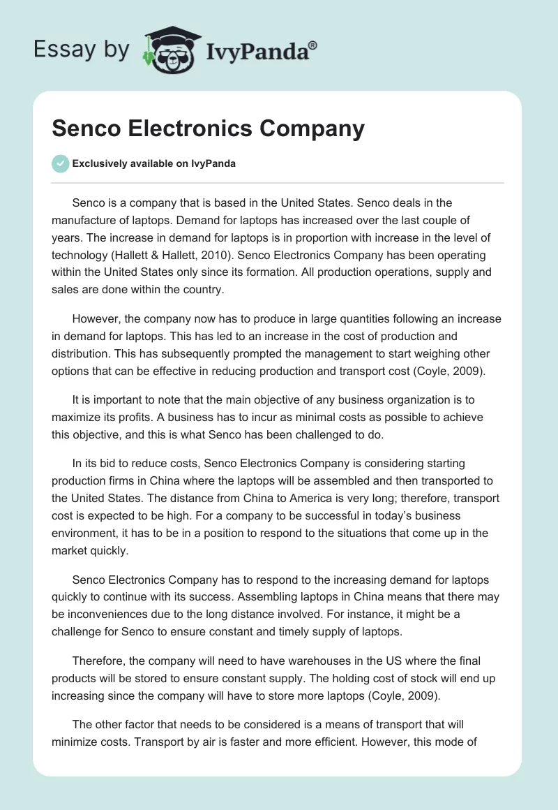 Senco Electronics Company. Page 1