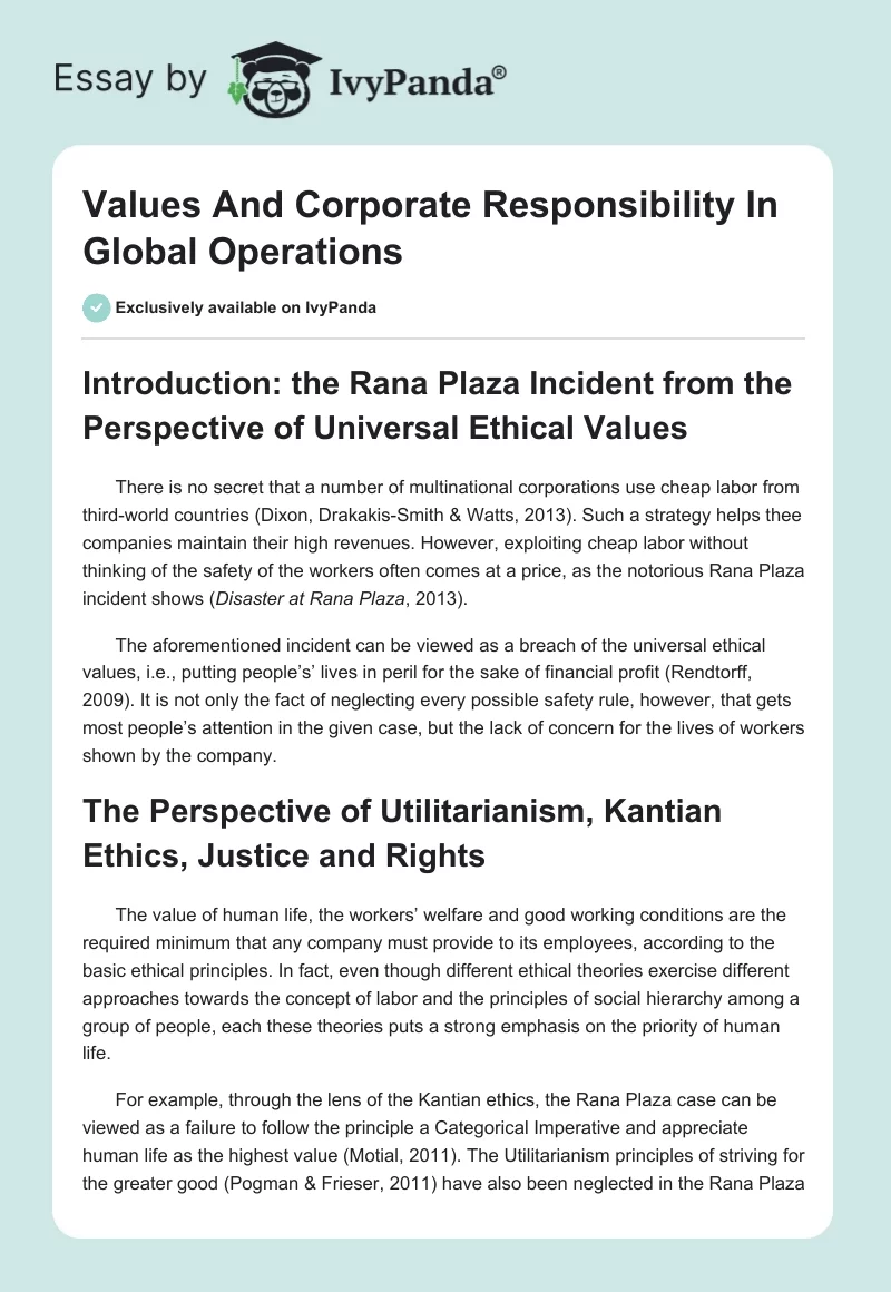 Values And Corporate Responsibility In Global Operations. Page 1