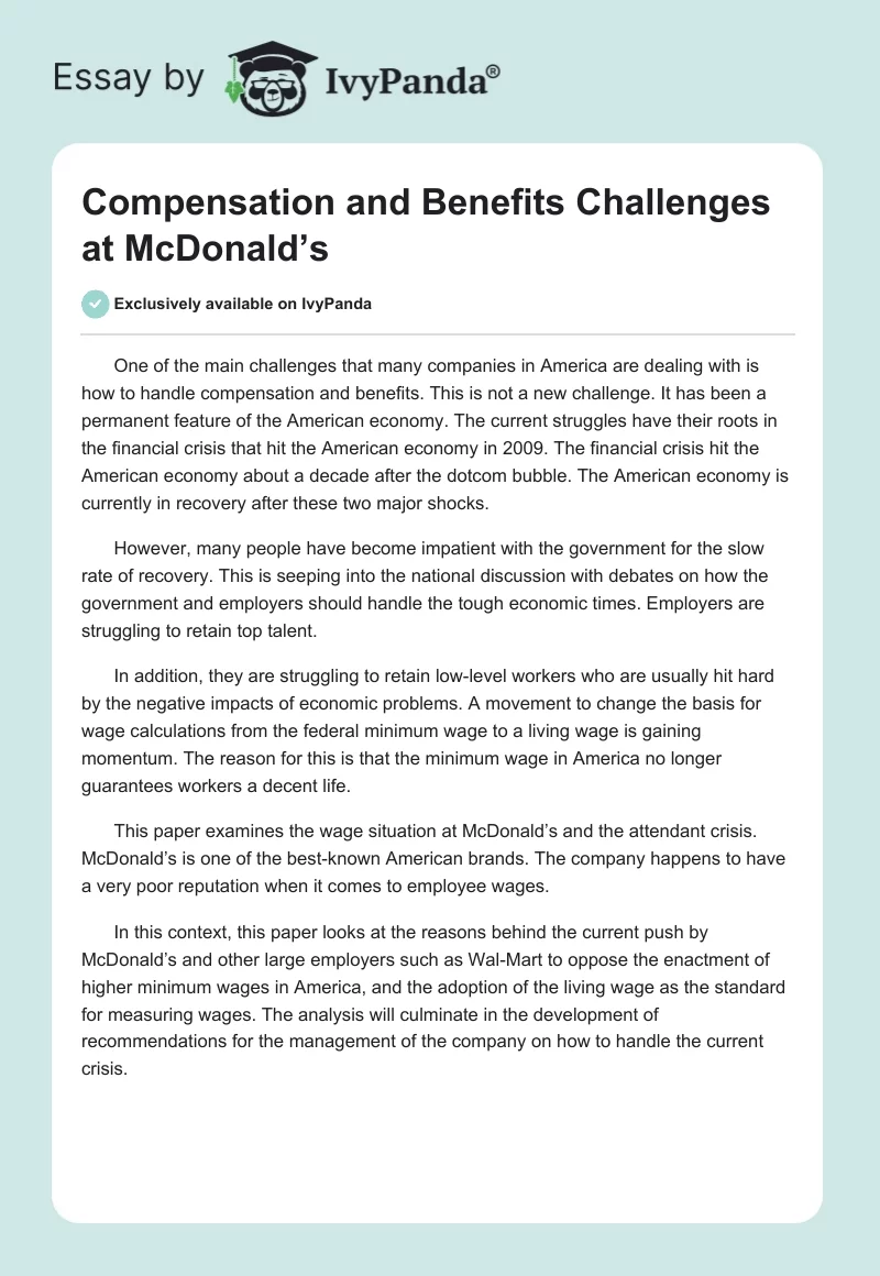 Compensation and Benefits Challenges at McDonald’s. Page 1