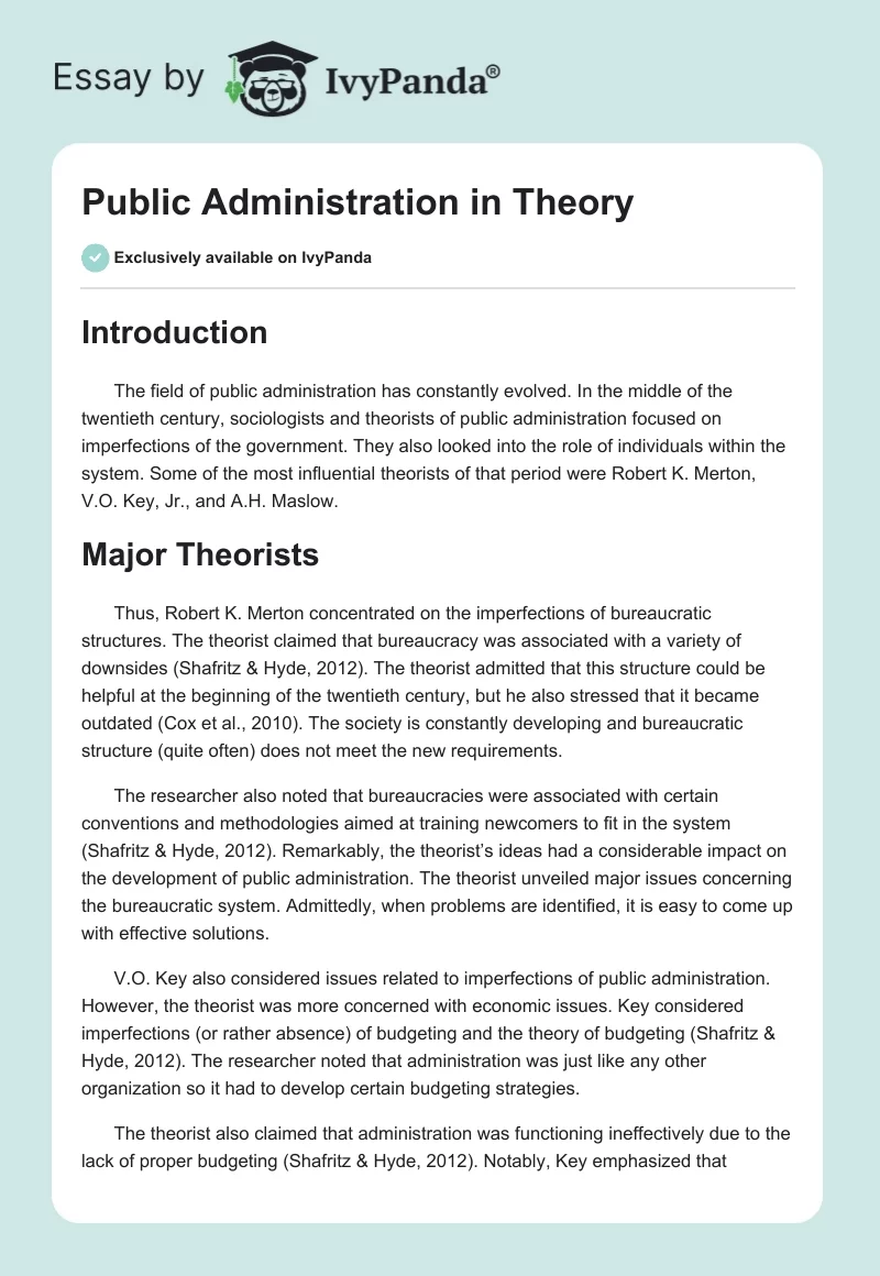 Theories of Public Administration Essay. Page 1