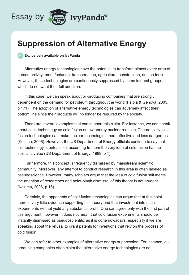 Suppression of Alternative Energy. Page 1