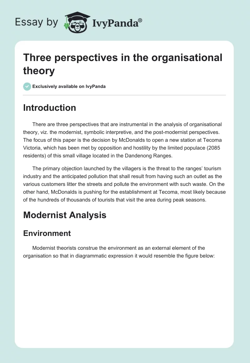 Three perspectives in the organisational theory. Page 1