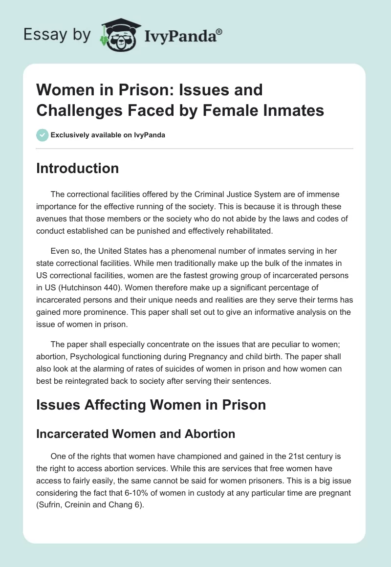 Women in Prison: Issues and Challenges Faced by Female Inmates. Page 1