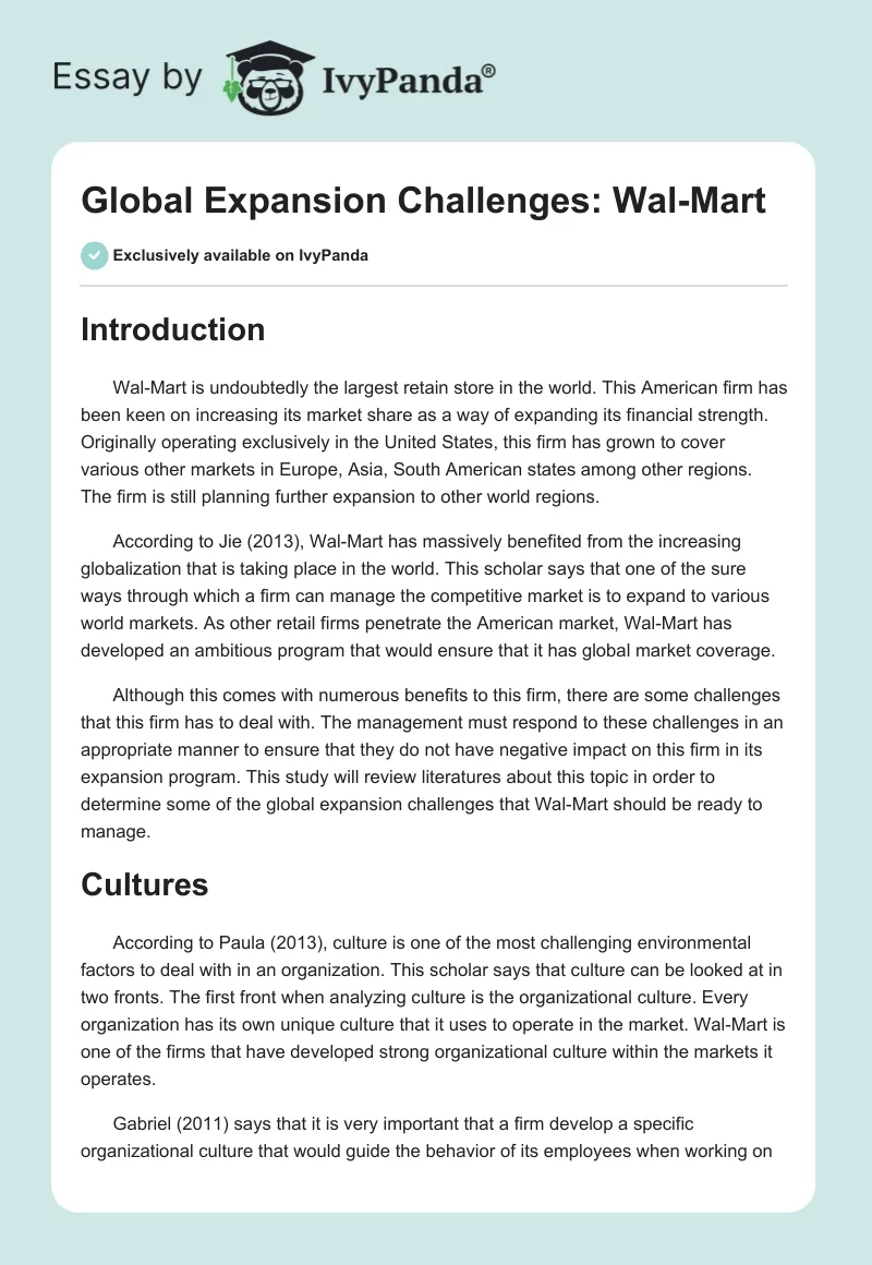 Global Expansion Challenges: Wal-Mart. Page 1