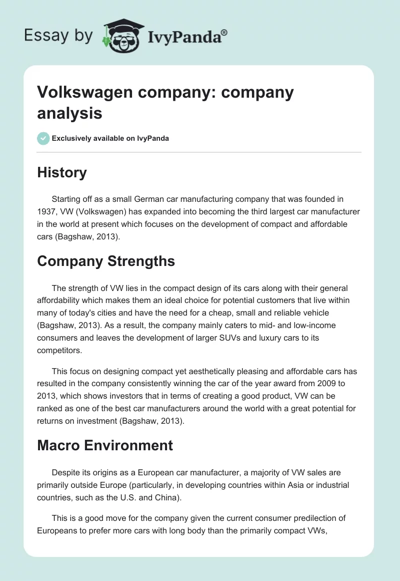 Volkswagen Company: Company Analysis. Page 1