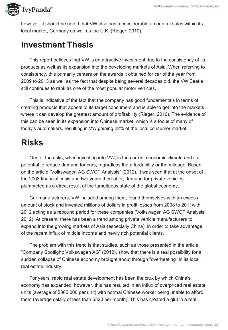 Volkswagen Company: Company Analysis. Page 2