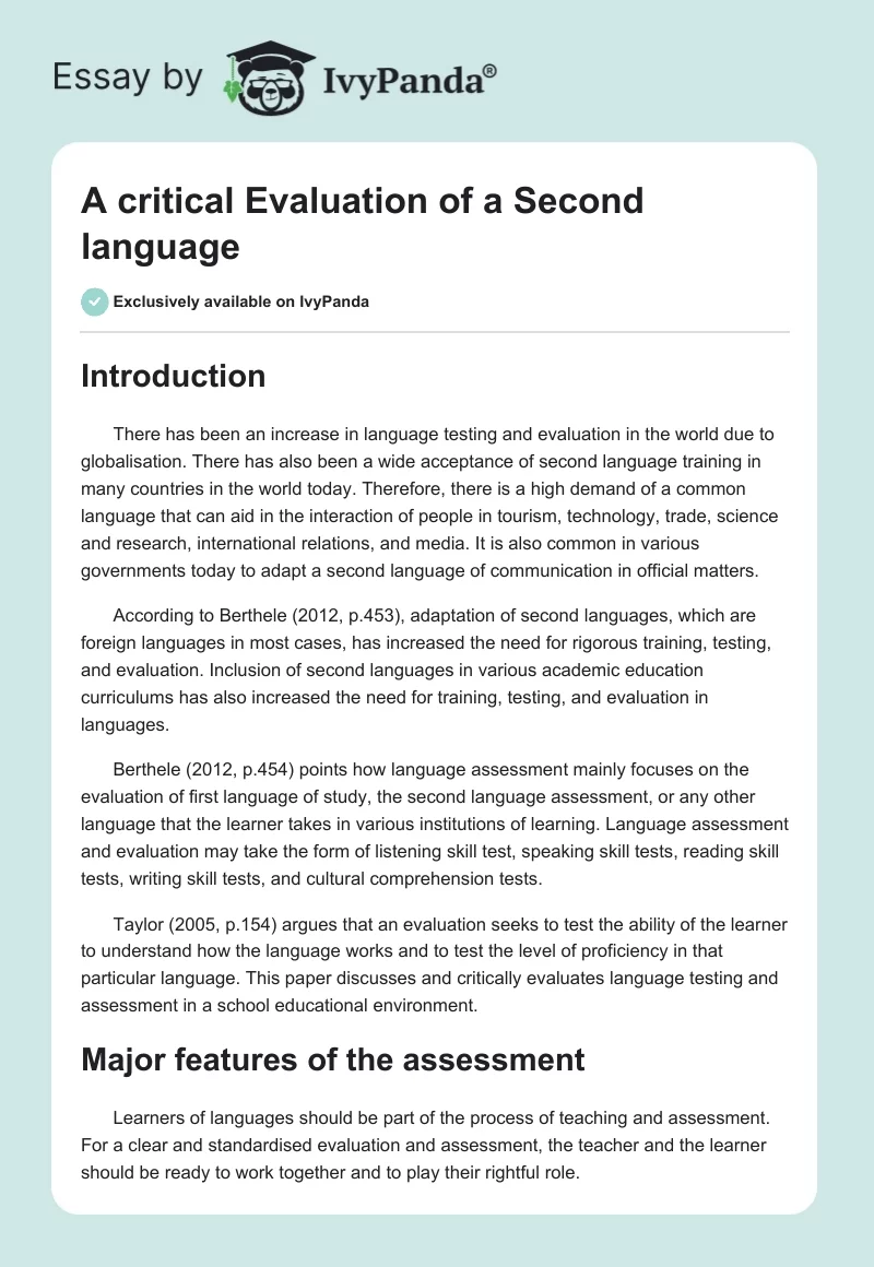 A critical Evaluation of a Second language. Page 1