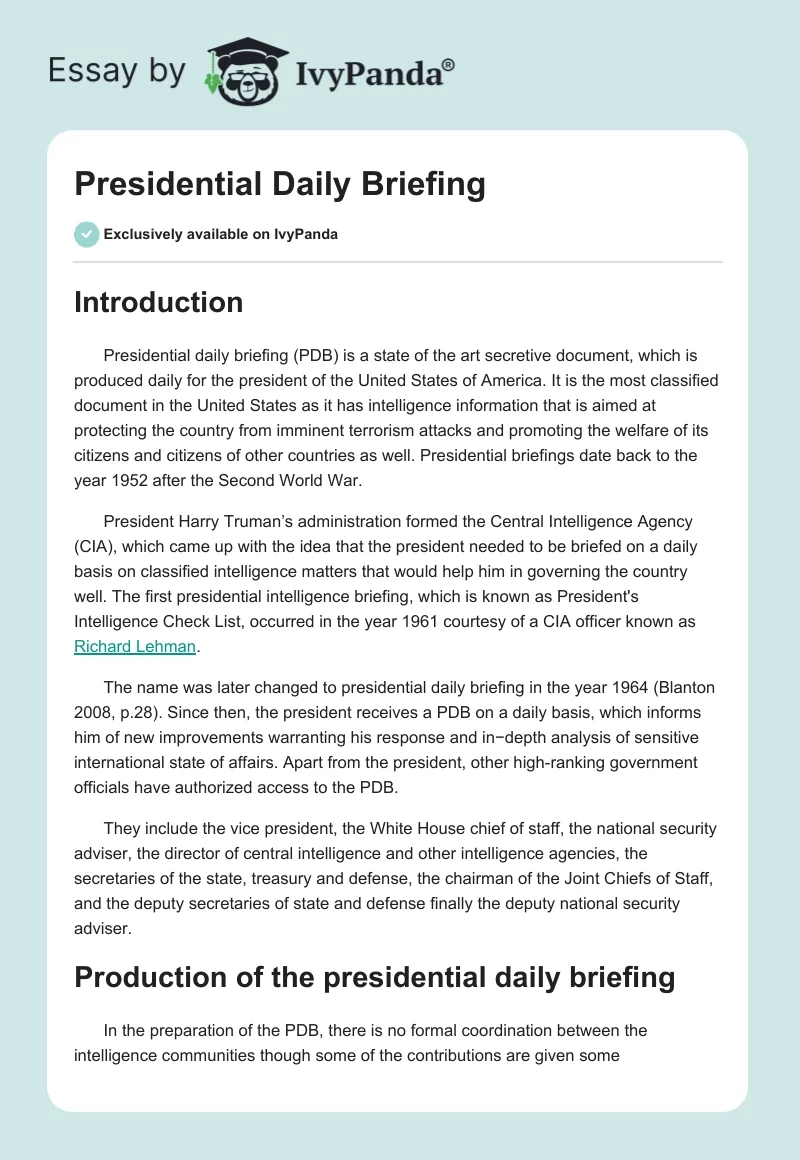 Presidential Daily Briefing. Page 1