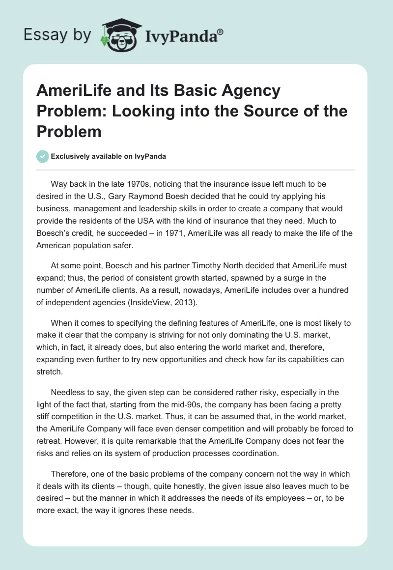 AmeriLife and Its Basic Agency Problem: Looking into the Source of the Problem. Page 1