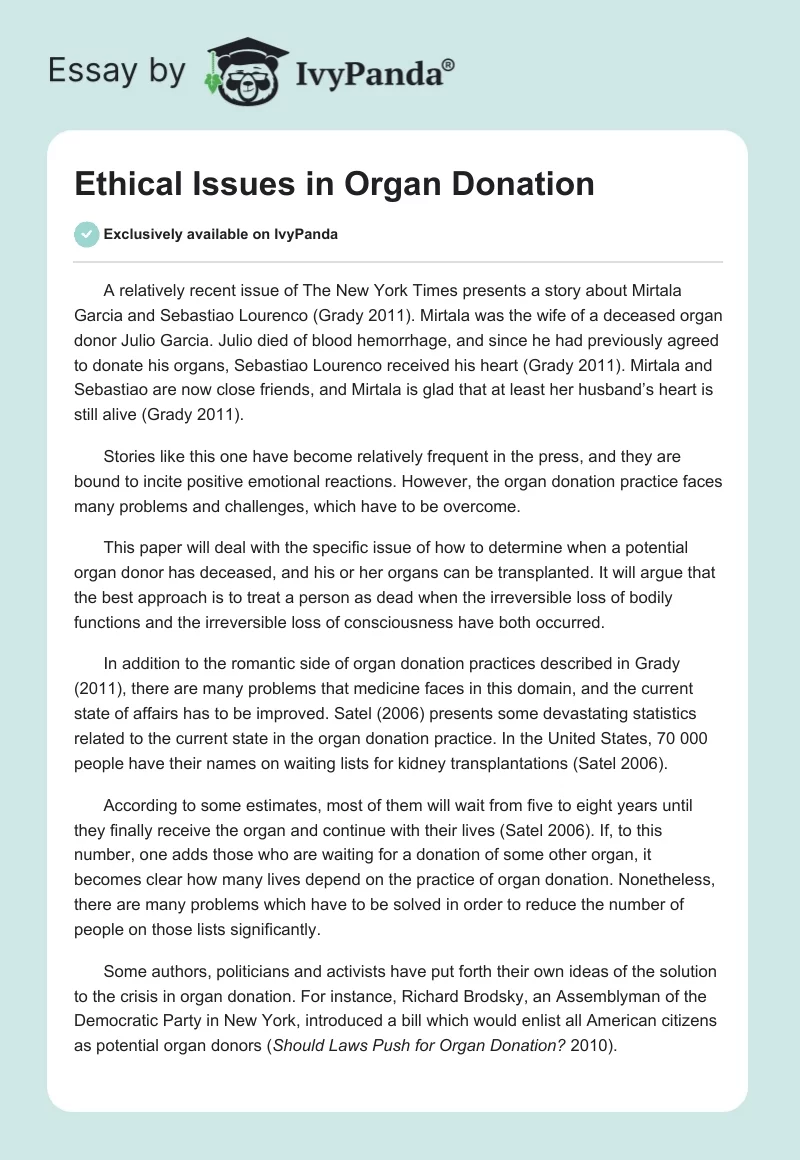 Ethical Issues in Organ Donation. Page 1