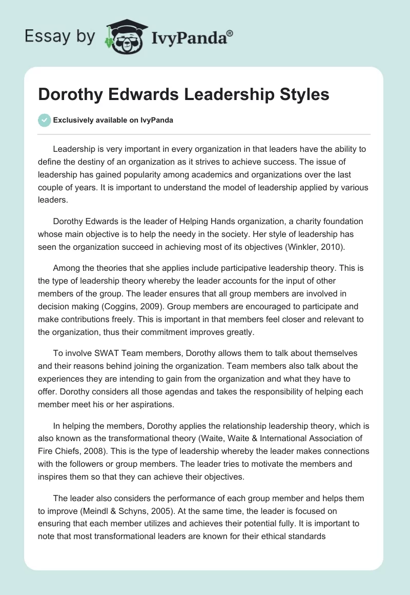 Dorothy Edwards Leadership Styles. Page 1