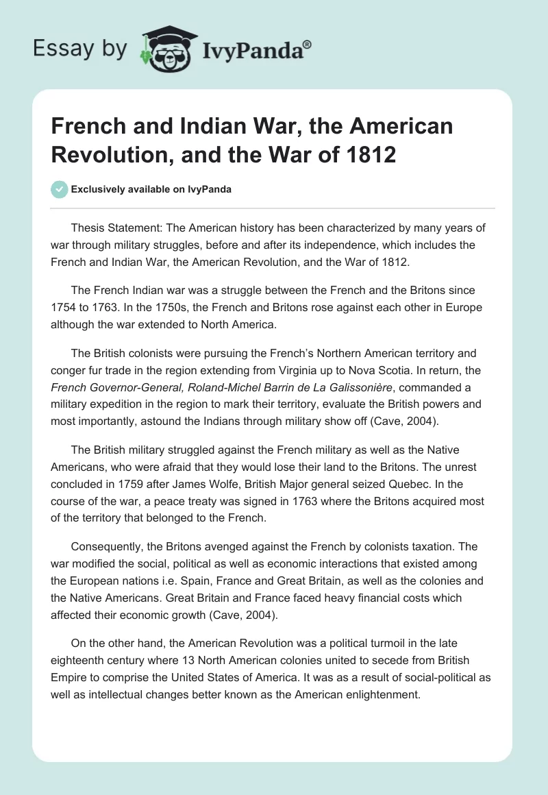 French and Indian War, the American Revolution, and the War of 1812. Page 1