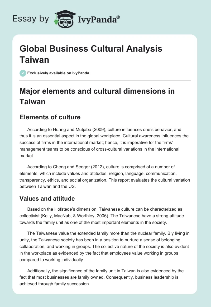 Global Business Cultural Analysis Taiwan. Page 1