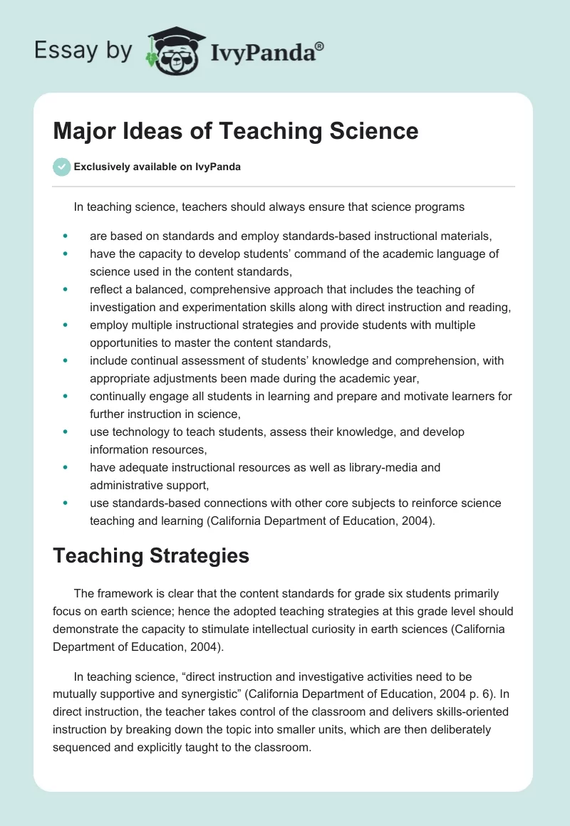 Major Ideas of Teaching Science. Page 1