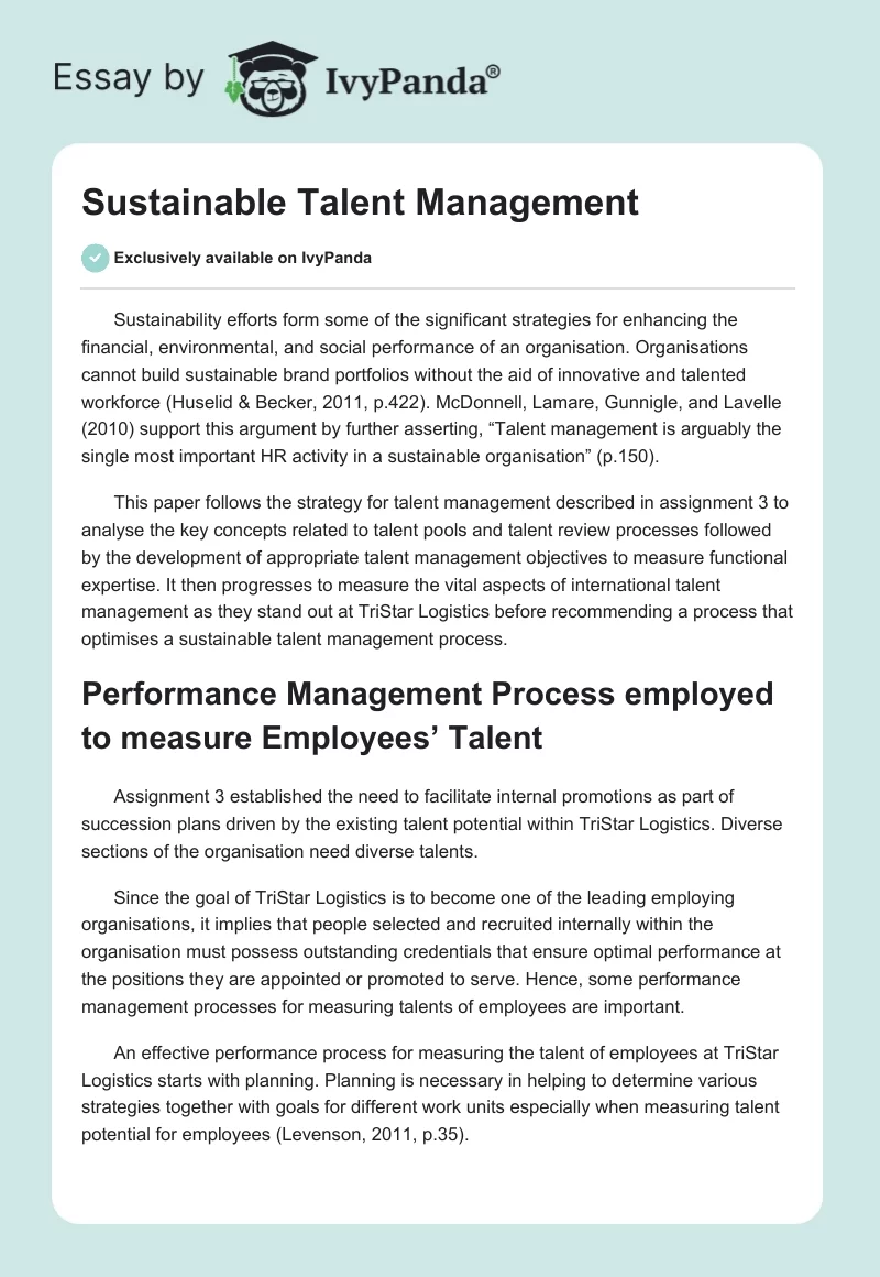 Sustainable Talent Management - 1485 Words | Essay Example