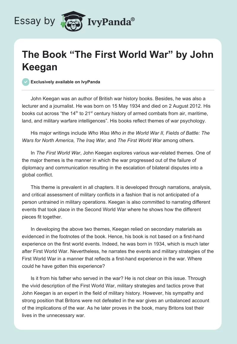 The Book “The First World War” by John Keegan. Page 1