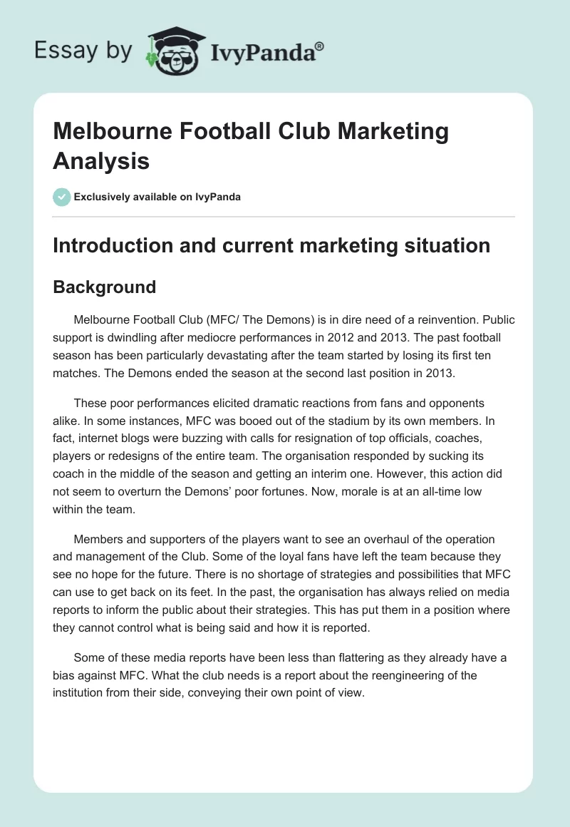 Melbourne Football Club Marketing Analysis. Page 1